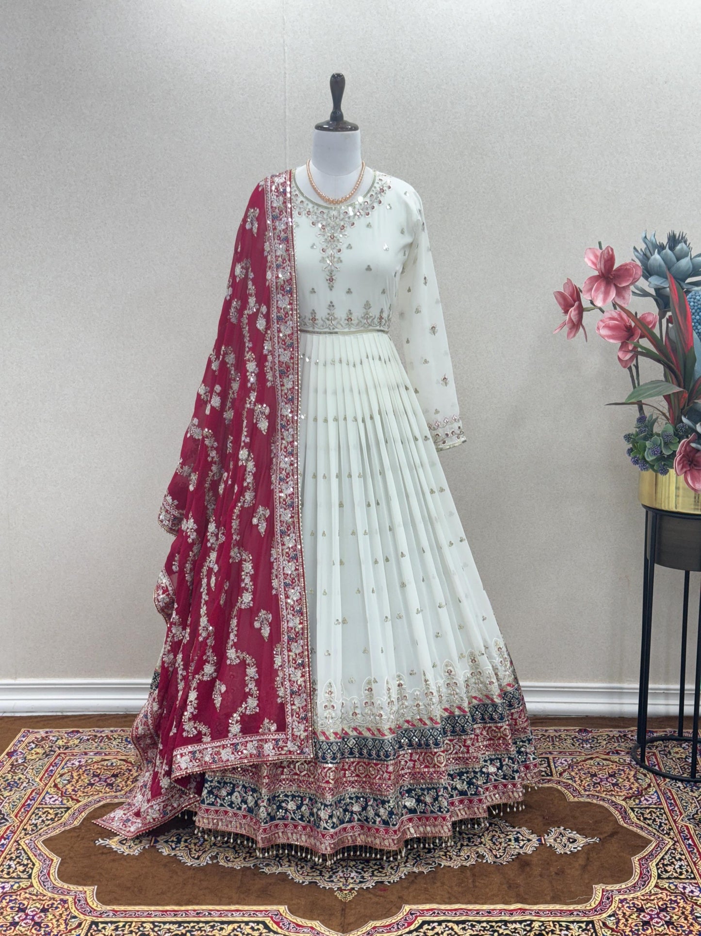 White Embroidered Anarkali Gown with Pink Dupatta for Women