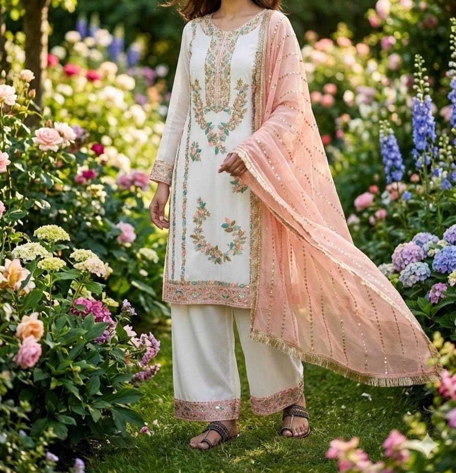 White  Embroidered Kurti Palazzo Set with Peach Dupatta for Women - Festive Wear Suit