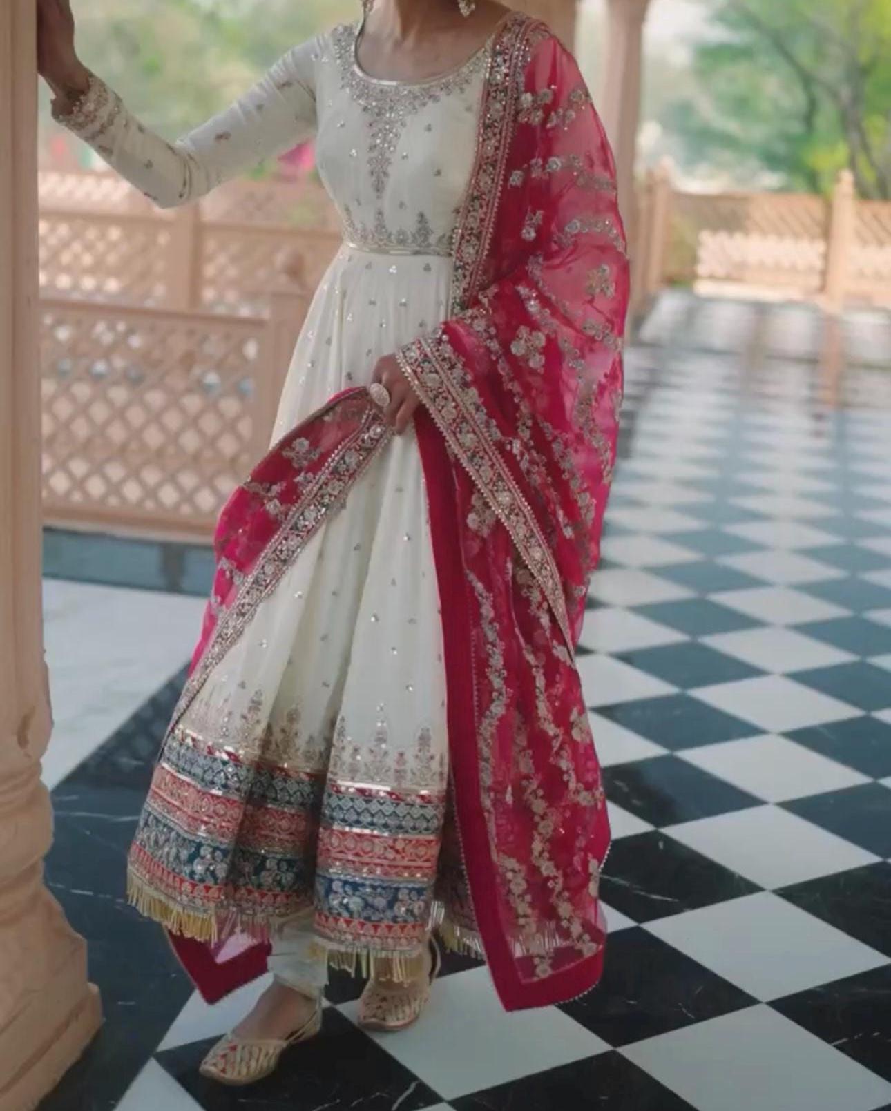 White Embroidered Anarkali Gown with Pink Dupatta for Women