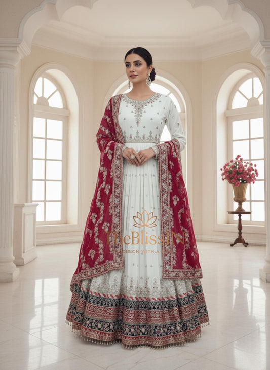 White Embroidered Anarkali Gown with Pink Dupatta for Women