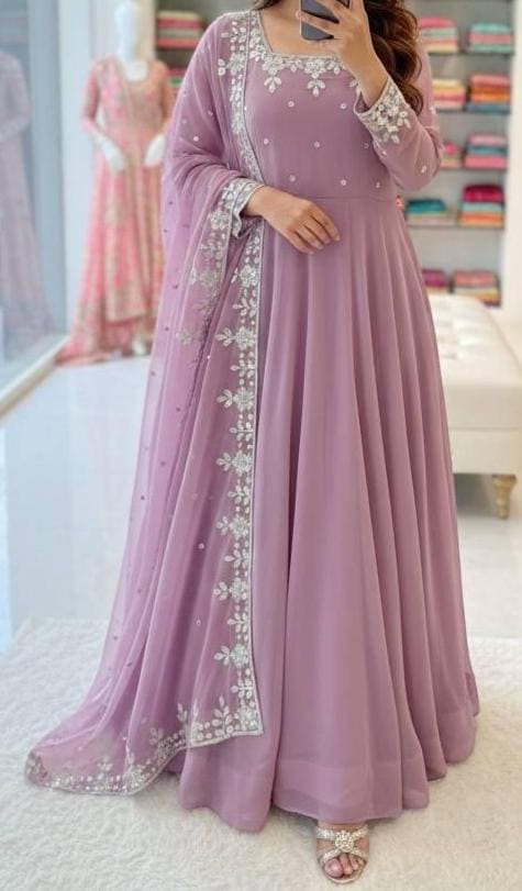 Rose Embroidered Anarkali Gown with Dupatta for Women