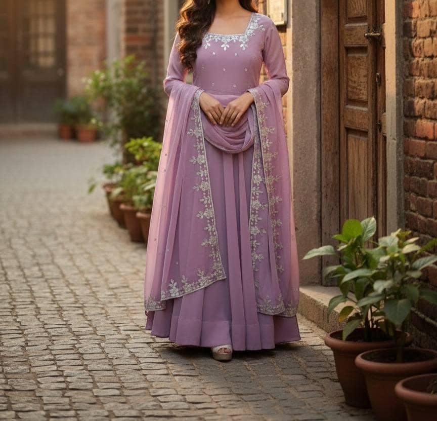 Rose Embroidered Anarkali Gown with Dupatta for Women