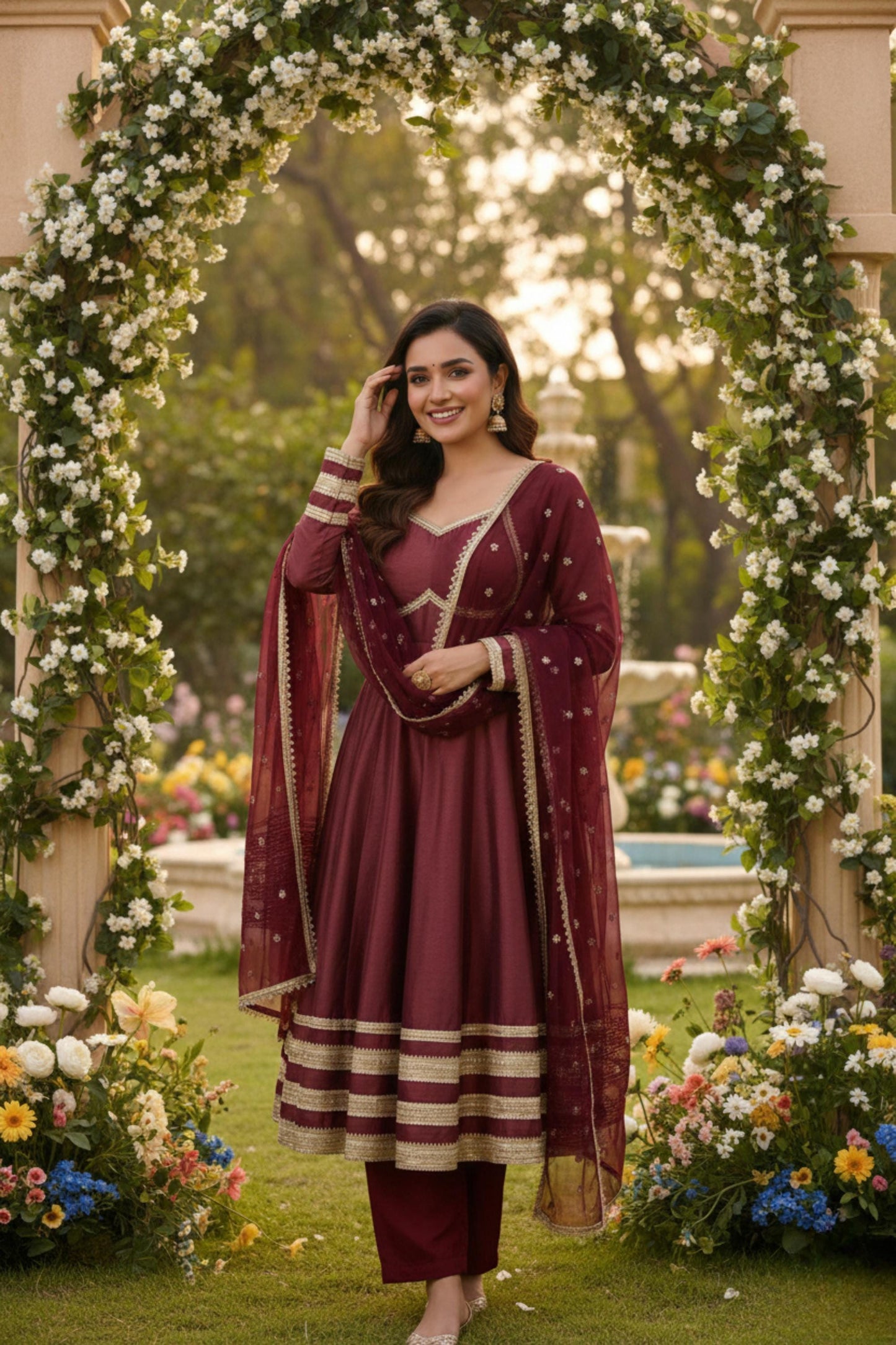Maroon Anarkali Gown Set with Gold Border & Net Dupatta