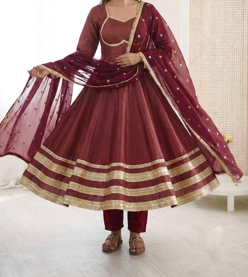 Maroon Anarkali Gown Set with Gold Border & Net Dupatta