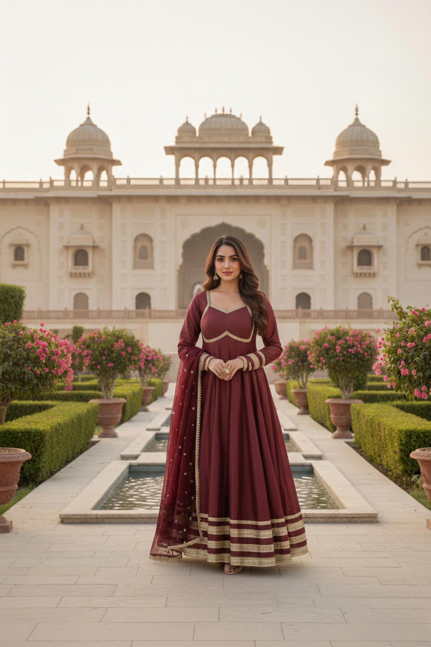Maroon Anarkali Gown Set with Gold Border & Net Dupatta