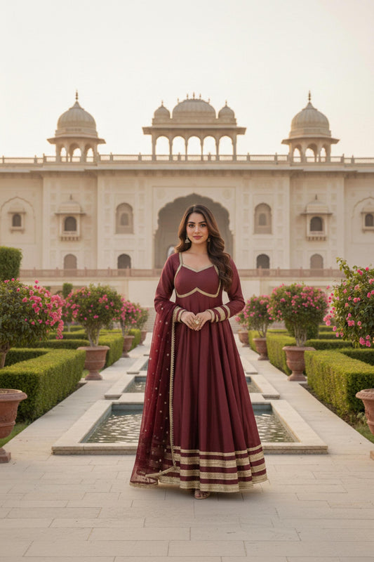 Maroon Anarkali Gown Set with Gold Border & Net Dupatta
