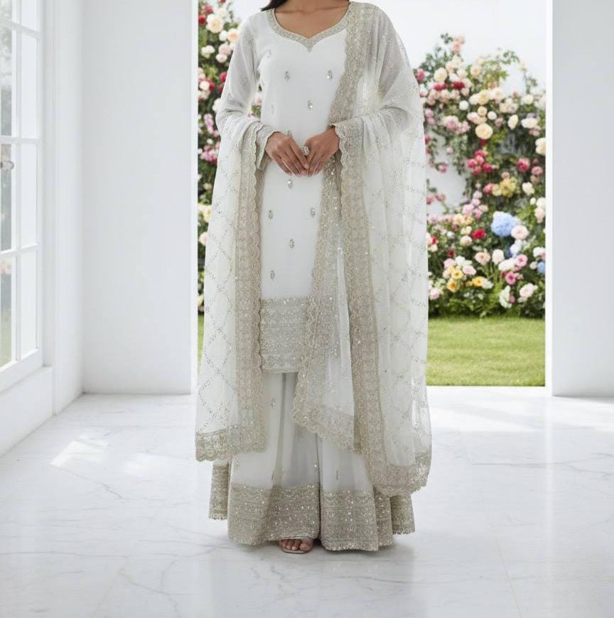 Indian Designer White Silk Kurti & Palazzo Set For Women