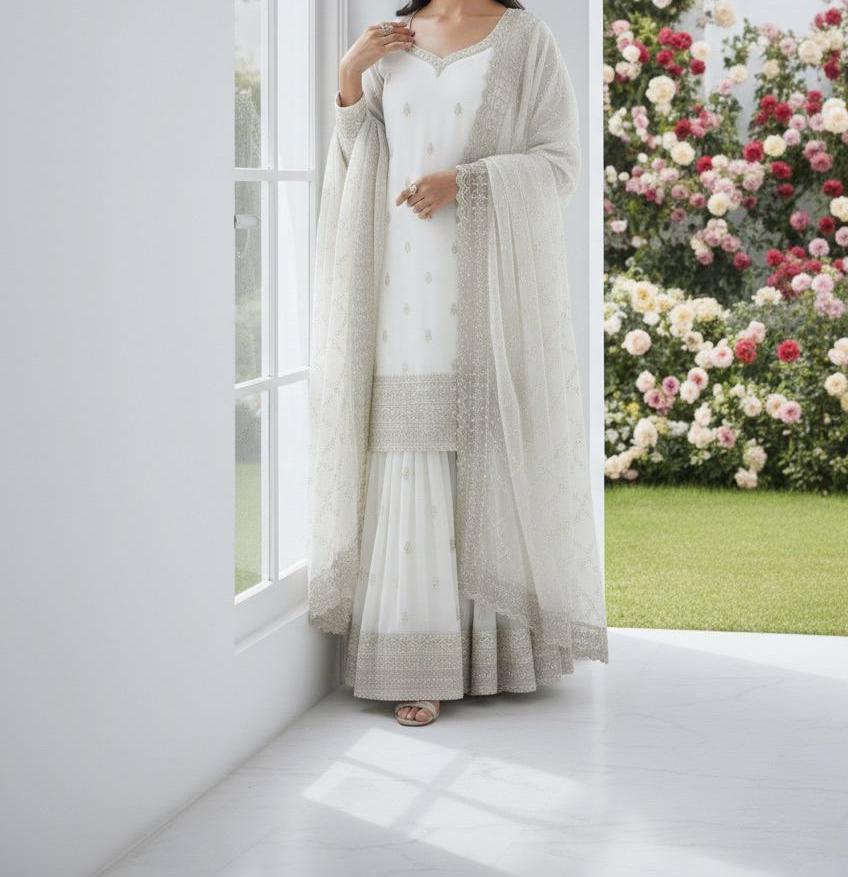Indian Designer White Silk Kurti & Palazzo Set For Women