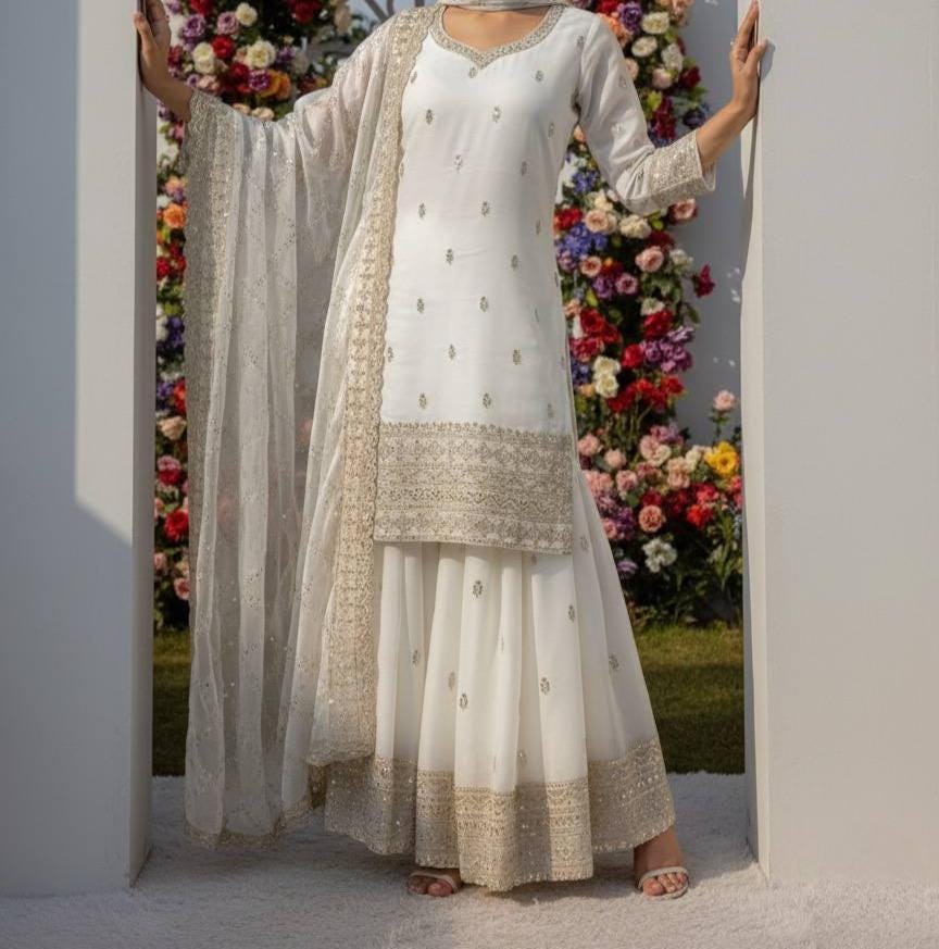 Indian Designer White Silk Kurti & Palazzo Set For Women