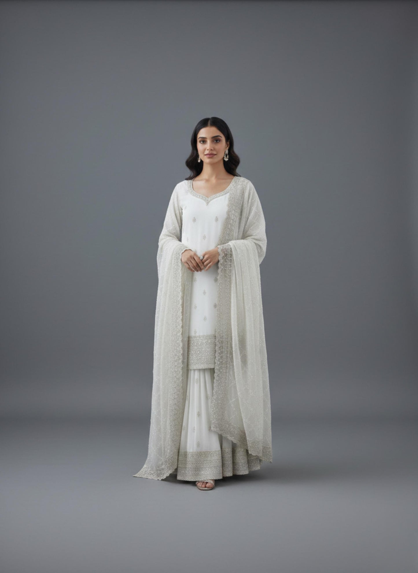 Indian Designer White Silk Kurti & Palazzo Set For Women