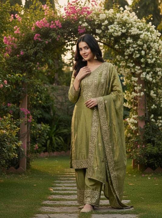 Pakistani Green Silk Eid Kurta Palazzo Outfit For Women
