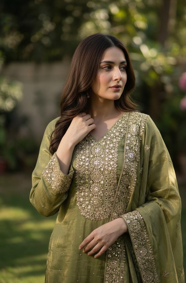 Pakistani Green Silk Eid Kurta Palazzo Outfit For Women