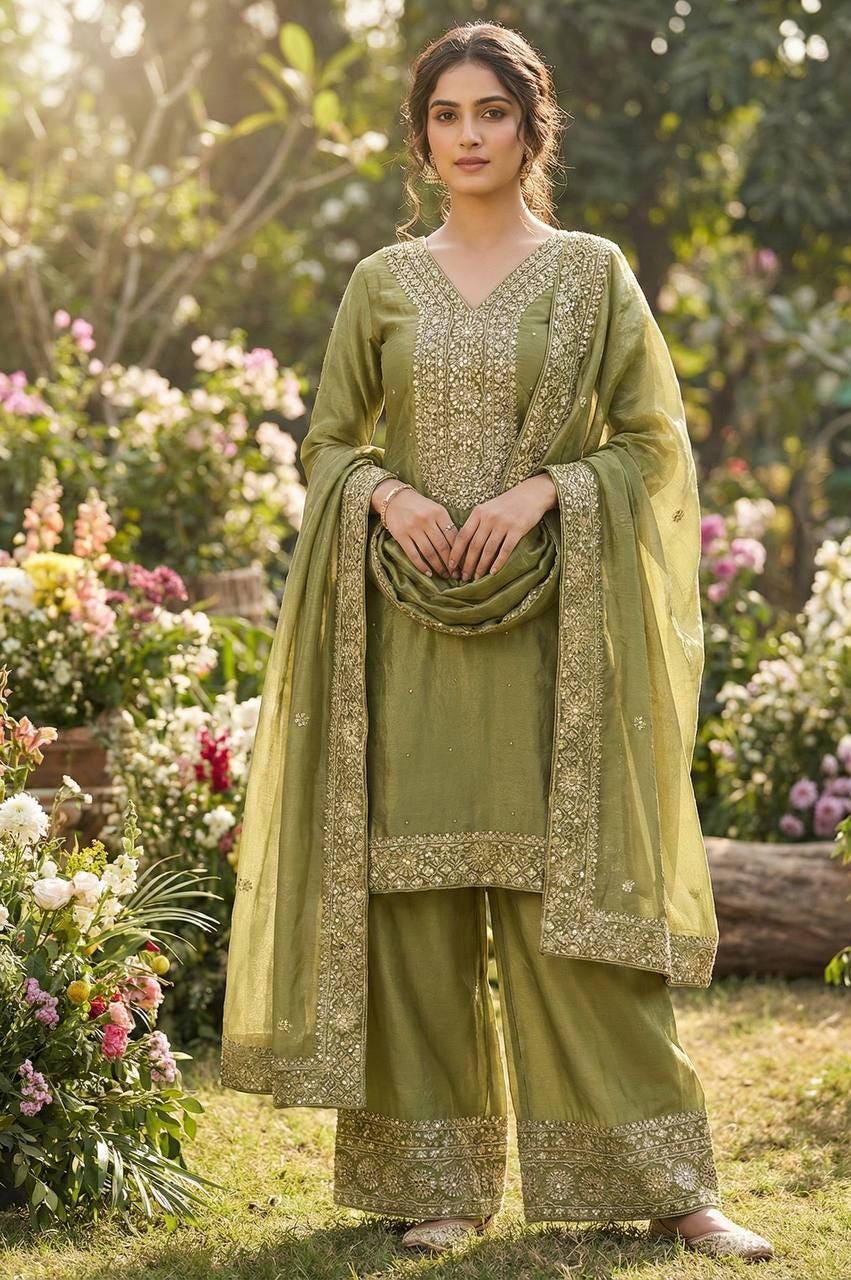 Pakistani Green Silk Eid Kurta Palazzo Outfit For Women