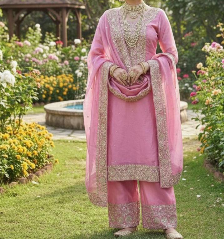 Pakistani designer Pink Bridal Silk with Organza Dupatta
