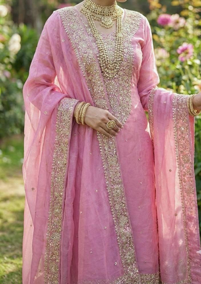 Pakistani designer Pink Bridal Silk with Organza Dupatta