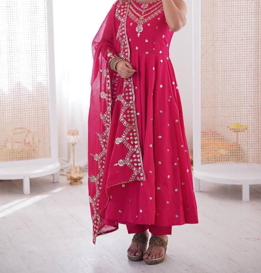 Hot Pink Flowy Anarkali Gown with Embroidered Dupatta