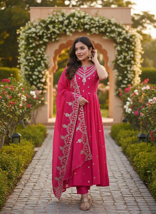 Hot Pink Flowy Anarkali Gown with Embroidered Dupatta