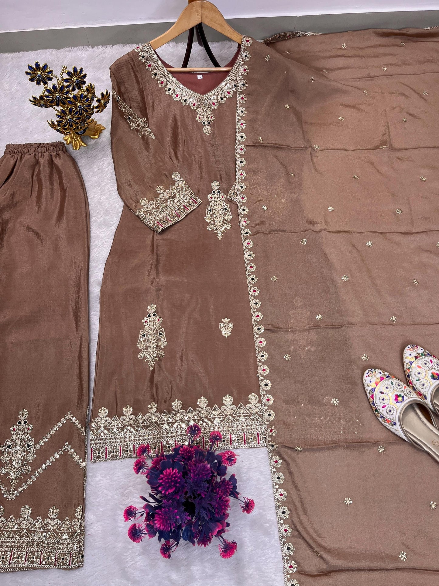 Brown Heavy Embroidered Silk Kurta Palazzo Set with Dupatta