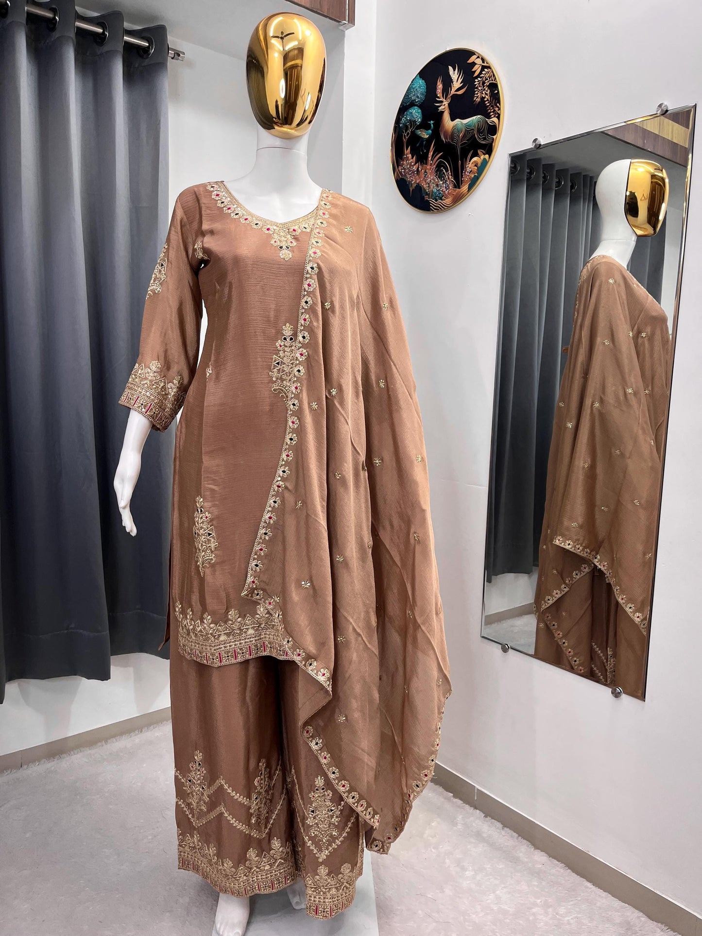 Brown Heavy Embroidered Silk Kurta Palazzo Set with Dupatta
