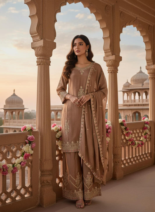 Brown Heavy Embroidered Silk Kurta Palazzo Set with Dupatta