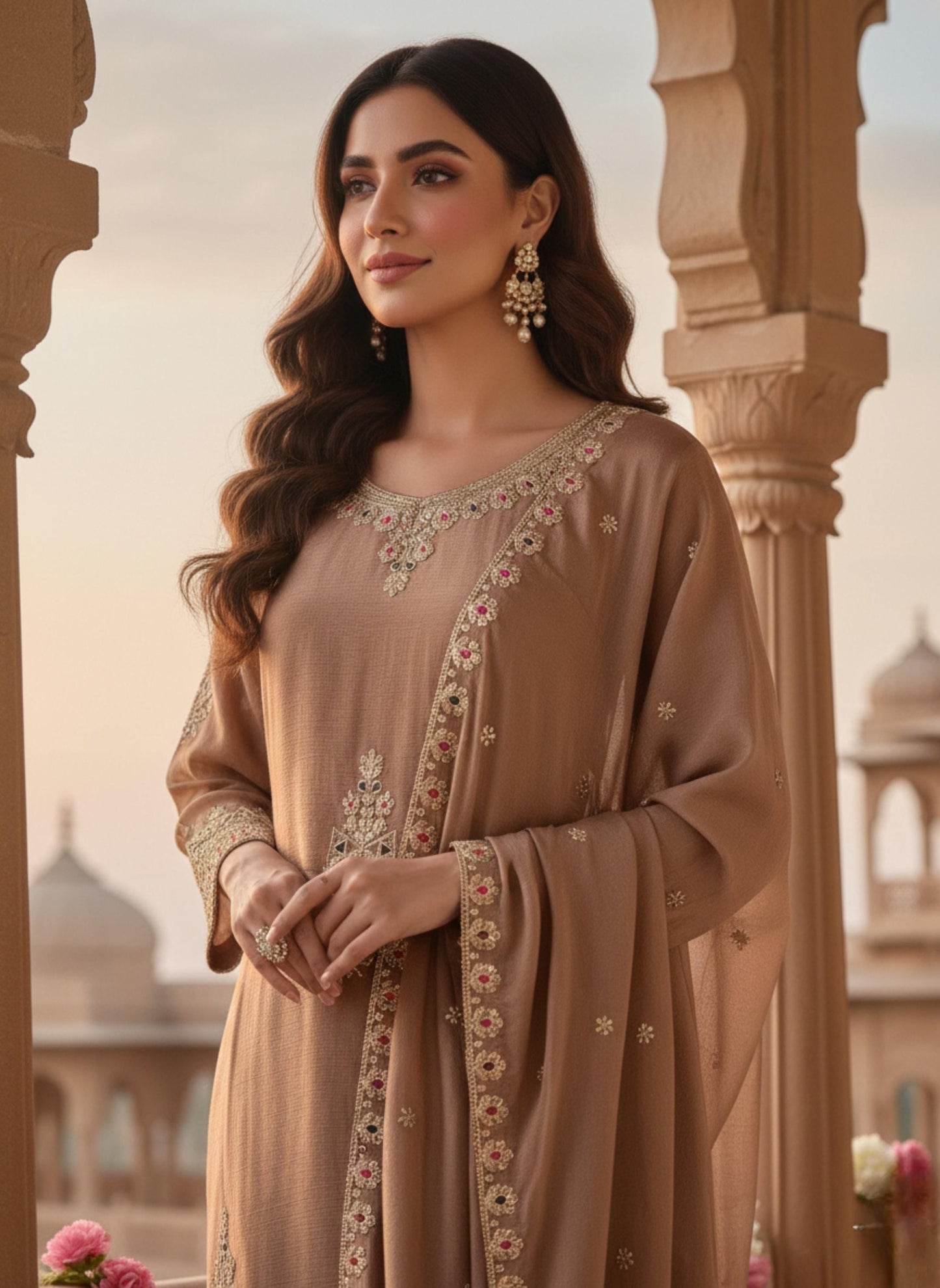 Brown Heavy Embroidered Silk Kurta Palazzo Set with Dupatta