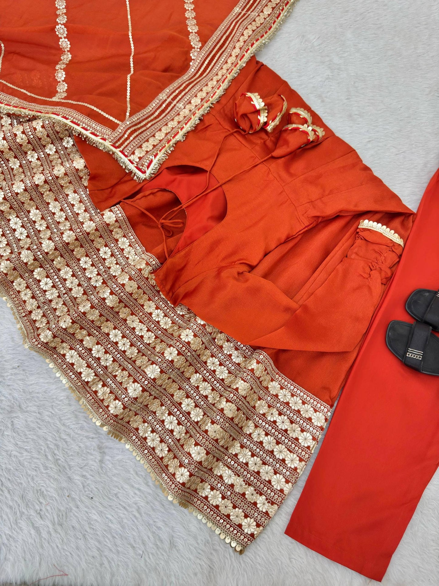 Rust Designer Silk Anarkali Gown Set with Dupatta & Pant