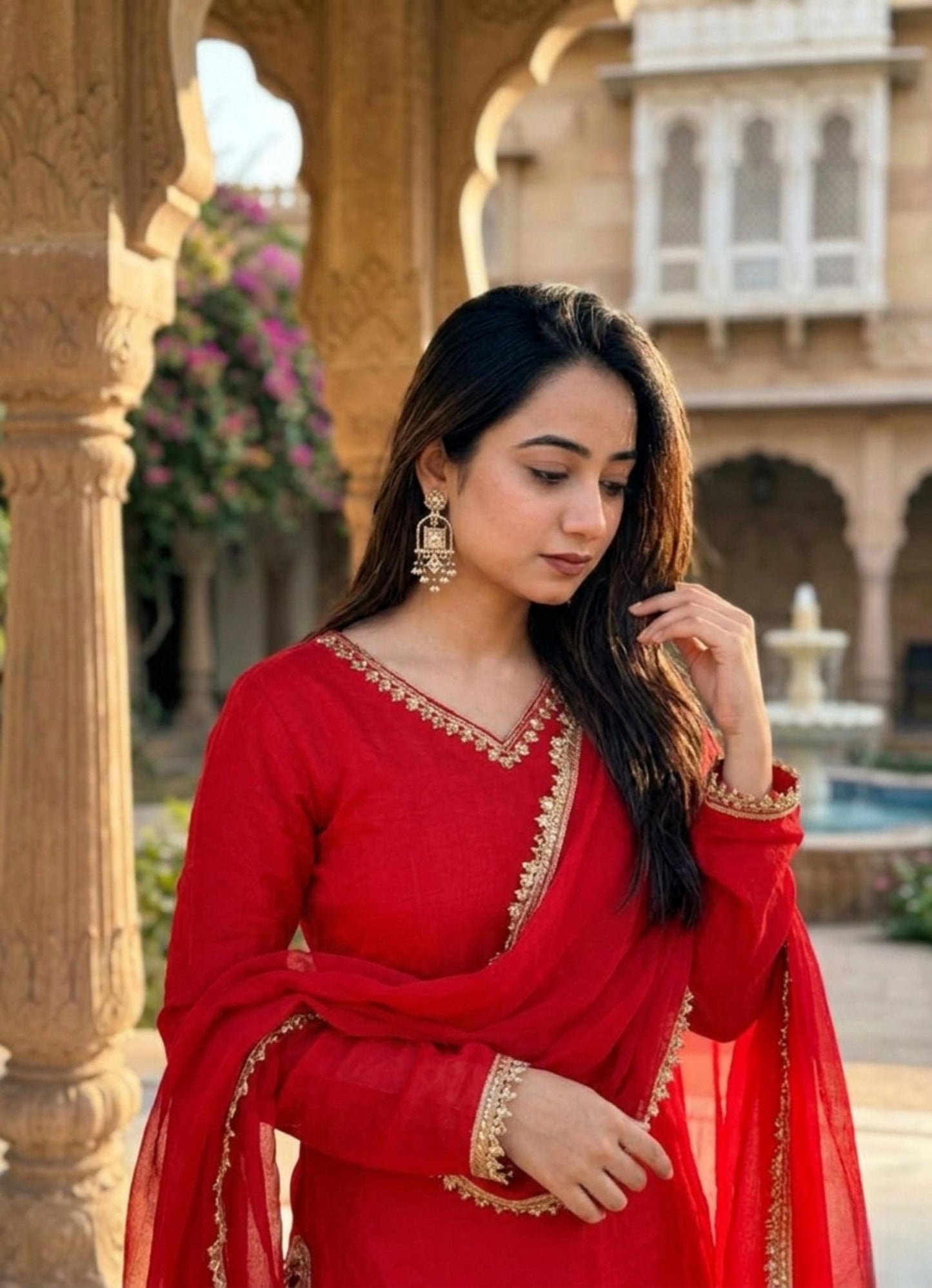 Pakistani Red Pure Silk Kurta & Farshi Salwar Suit For Special Eid Outfit
