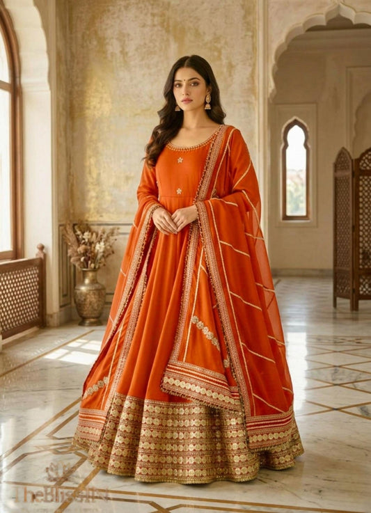 Rust Designer Silk Anarkali Gown Set with Dupatta & Pant