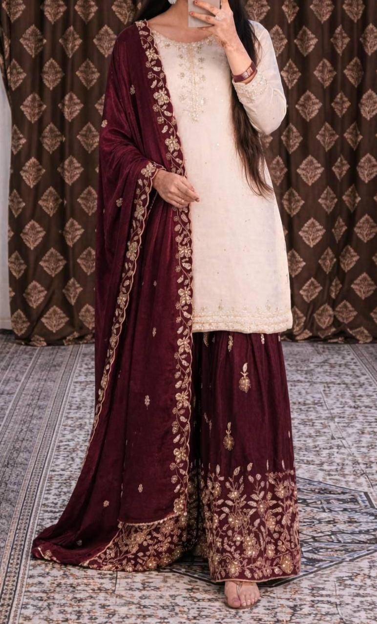 White Designer Kurta With Burgundy Sharara Suit For Pakistani Wedding