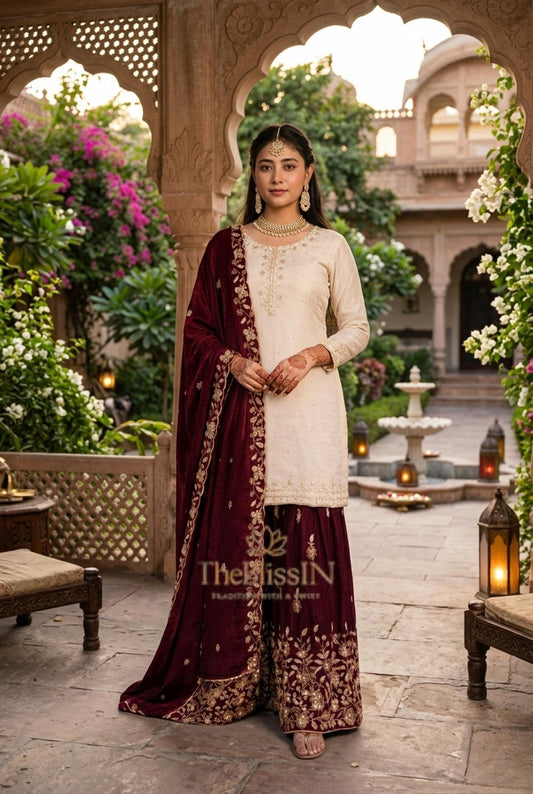 White Designer Kurta With Burgundy Sharara Suit For Pakistani Wedding
