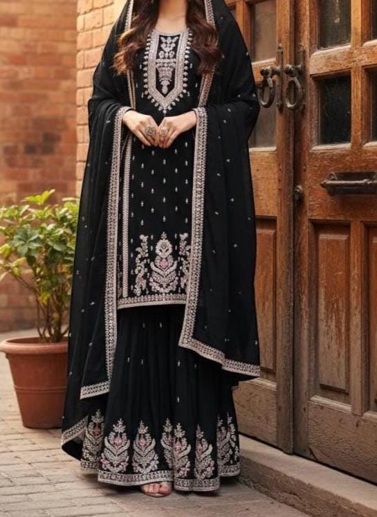 Black Silk Kurta & Palazzo Set For Wedding
