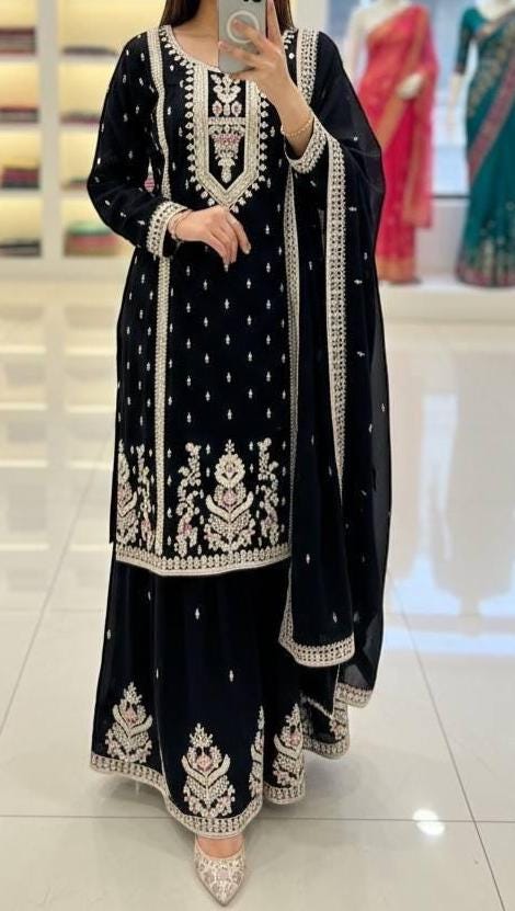 Black Silk Kurta & Palazzo Set For Wedding