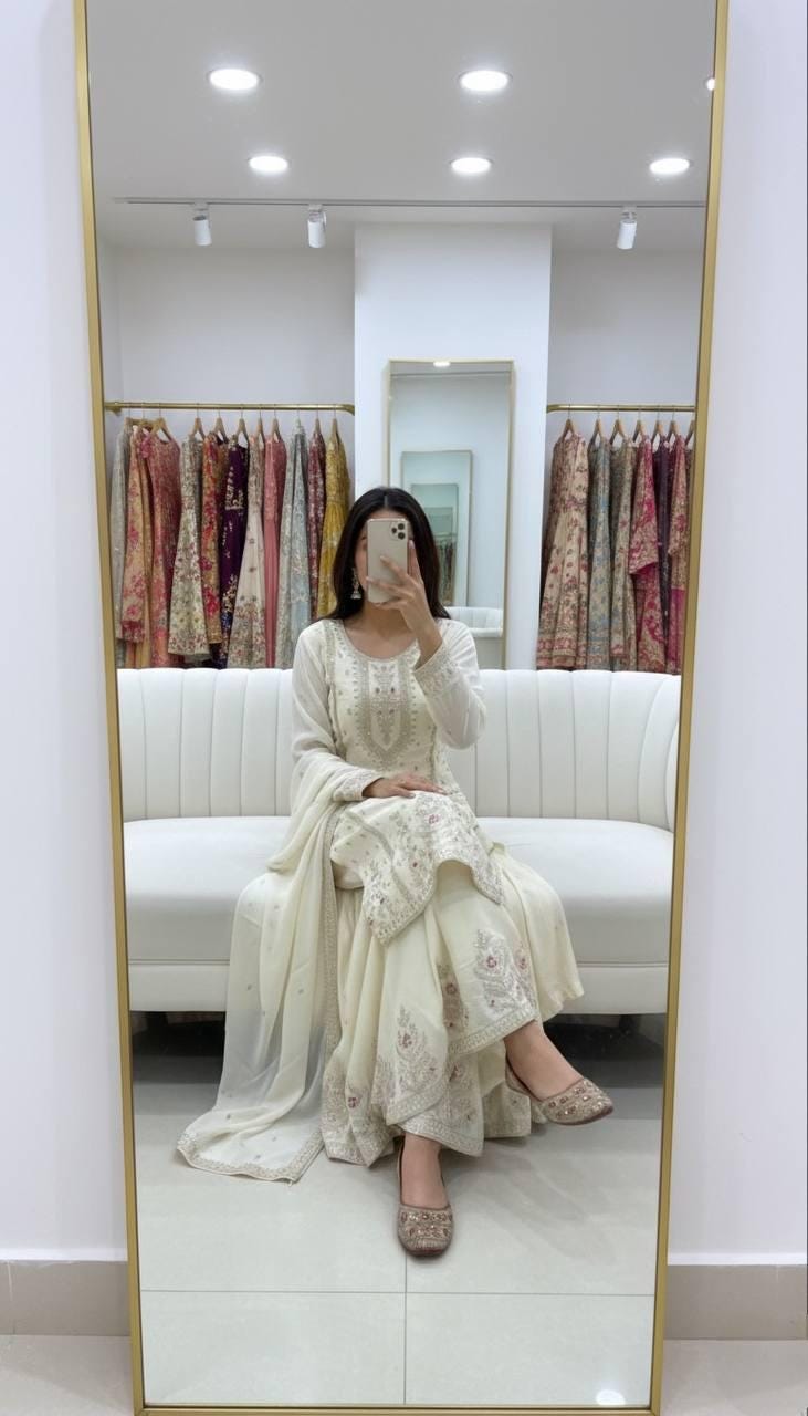 White Silk Kurta & Palazzo Set For Pakistani Wedding