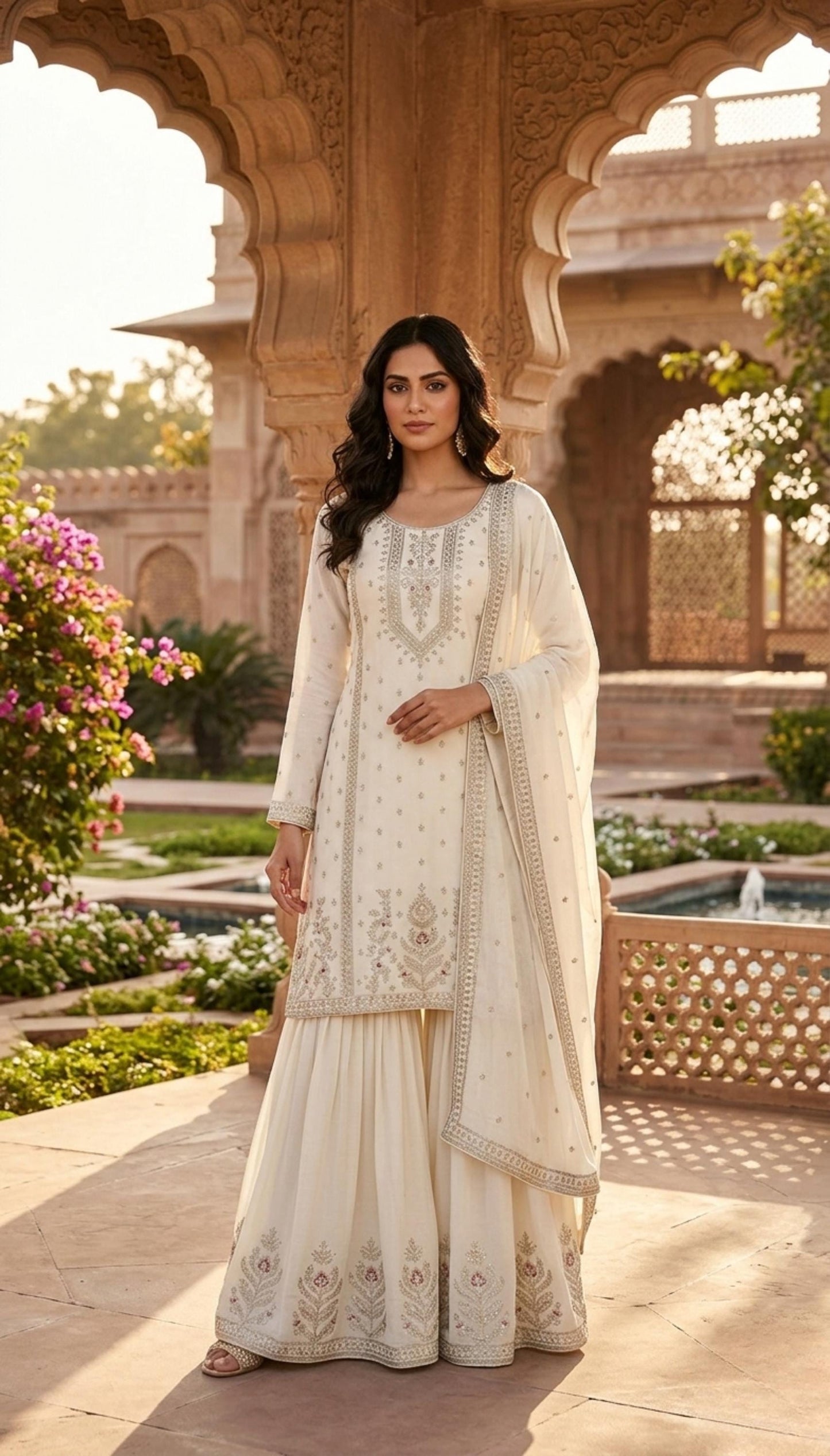 White Silk Kurta & Palazzo Set For Pakistani Wedding