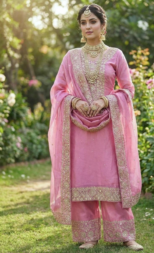 Pakistani designer Pink Bridal Silk with Organza Dupatta