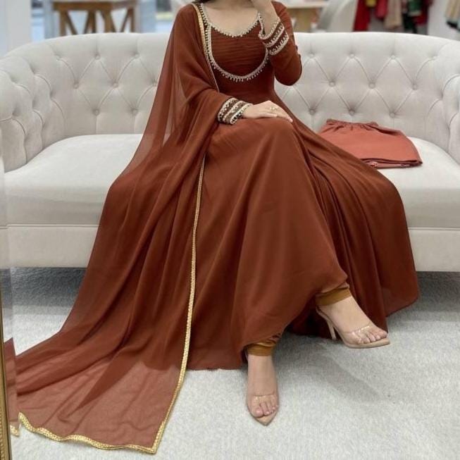 Brown Faux Georgette Anarkali Gown with Dupatta