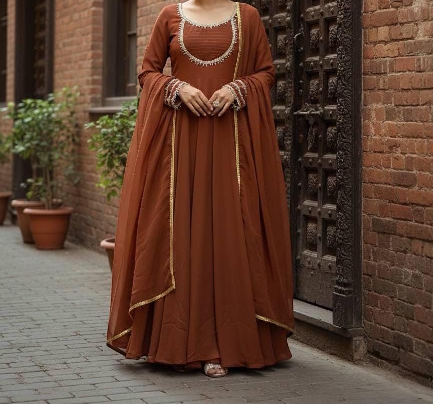 Brown Faux Georgette Anarkali Gown with Dupatta