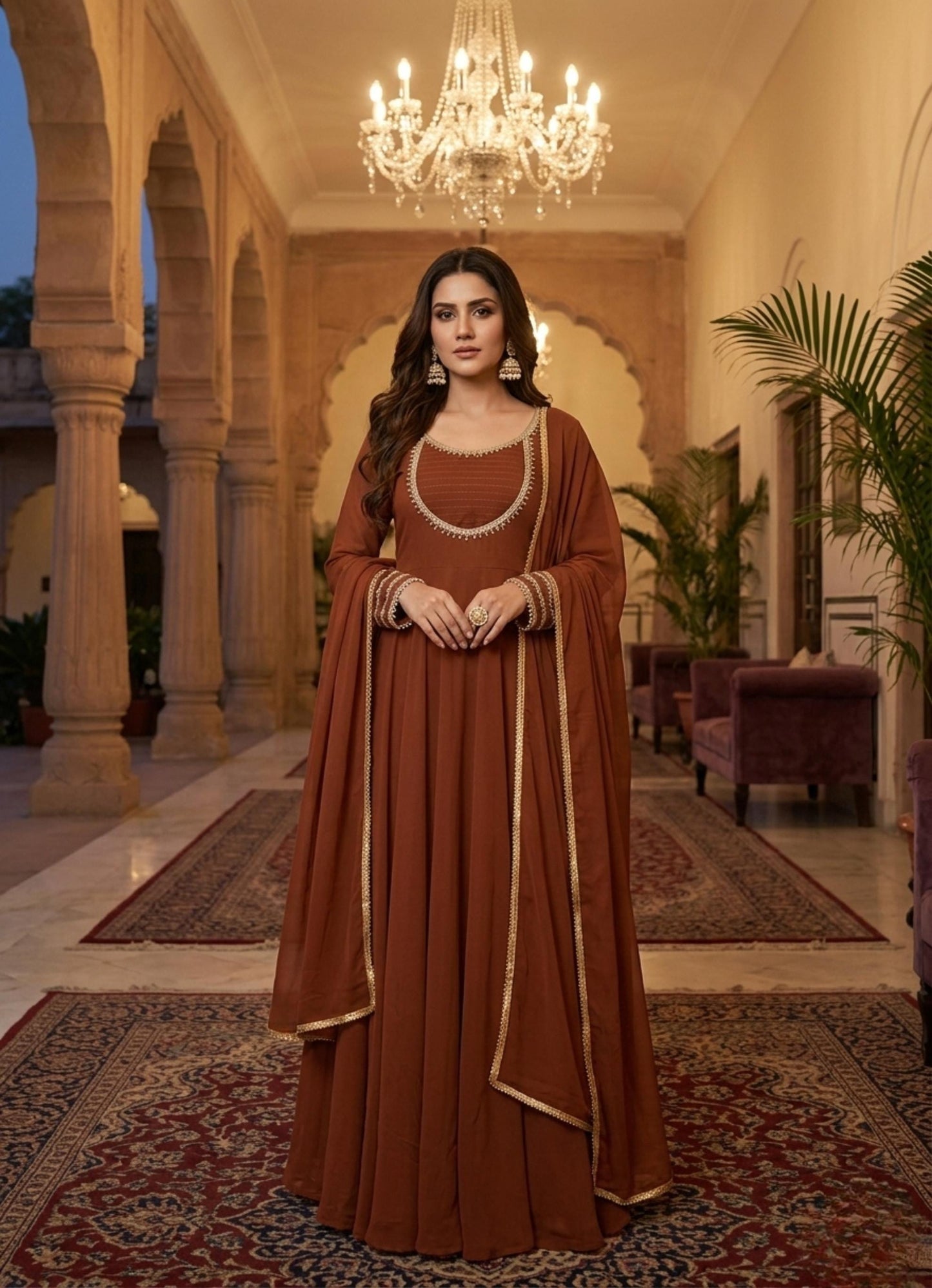 Brown Faux Georgette Anarkali Gown with Dupatta