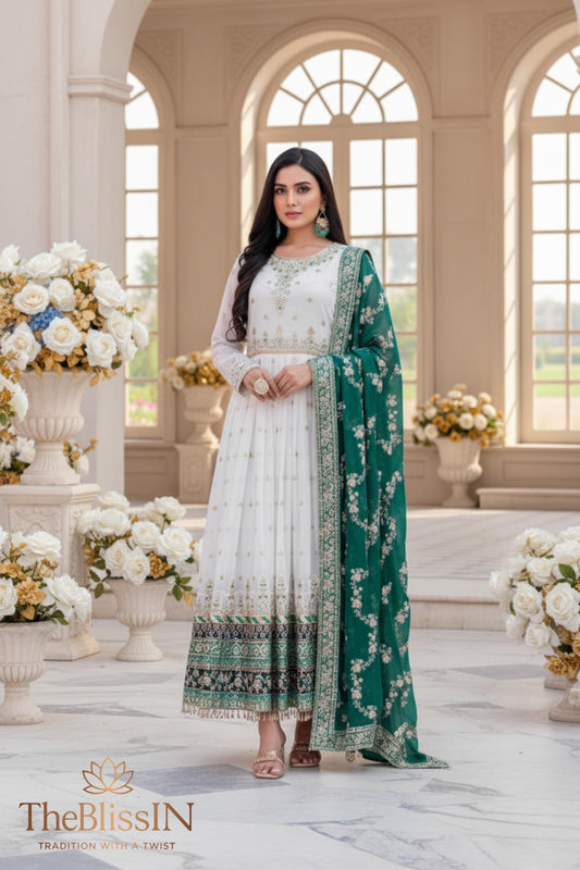 White Embroidered Anarkali Gown with Teal Green Dupatta for Women