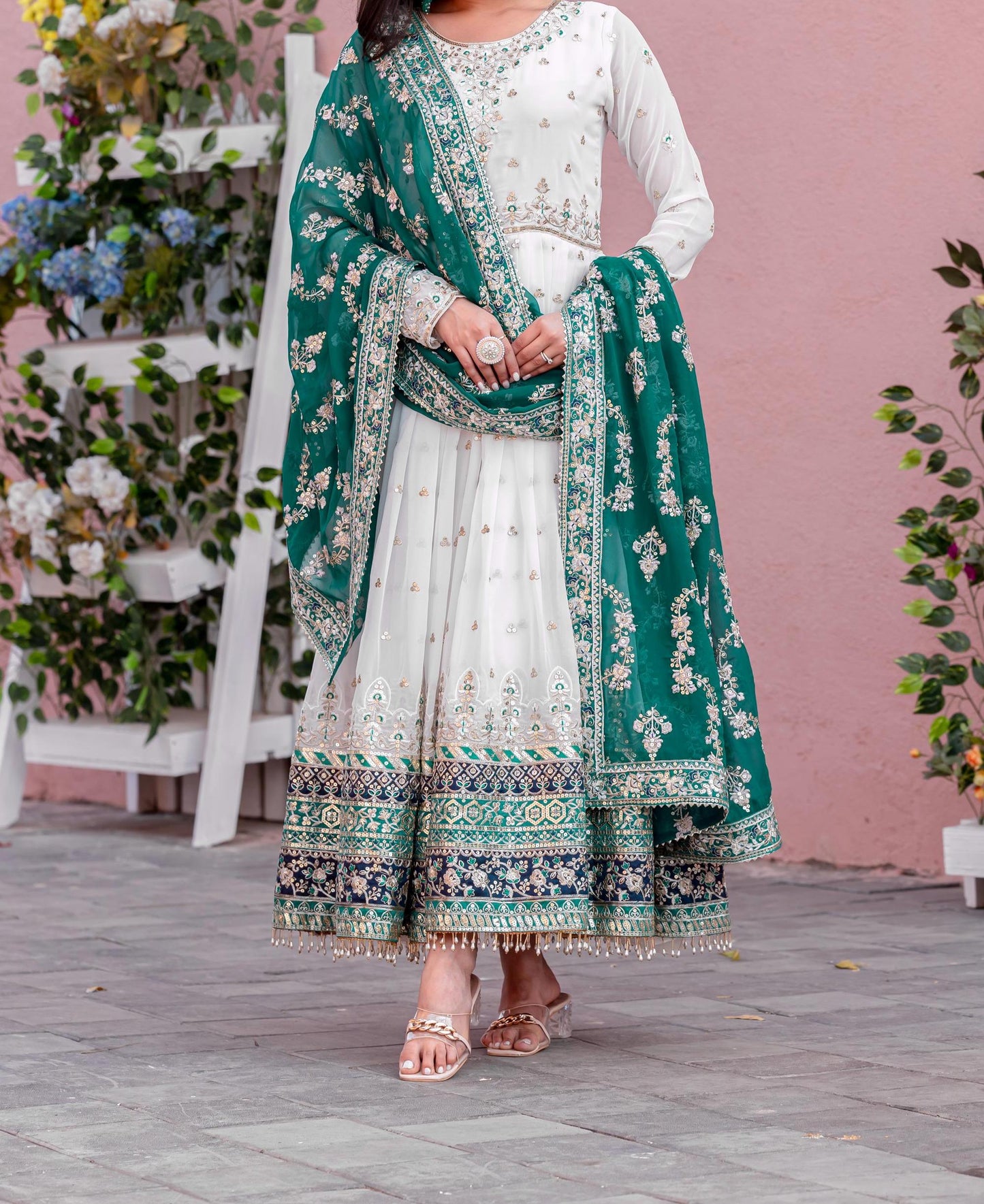 White Embroidered Anarkali Gown with Teal Green Dupatta for Women