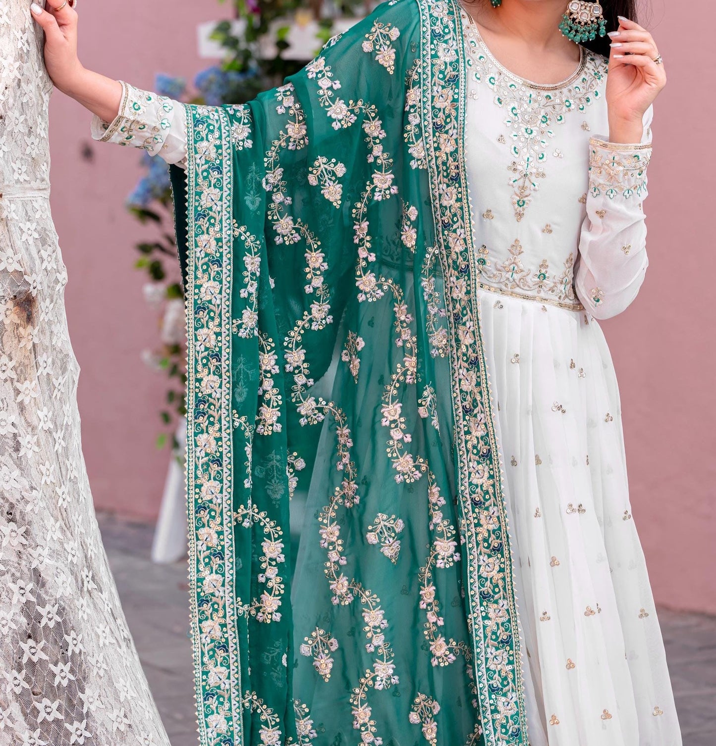 White Embroidered Anarkali Gown with Teal Green Dupatta for Women