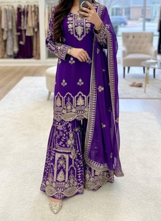 Royal Purple Embroidered Sharara Suit Set with Dupatta