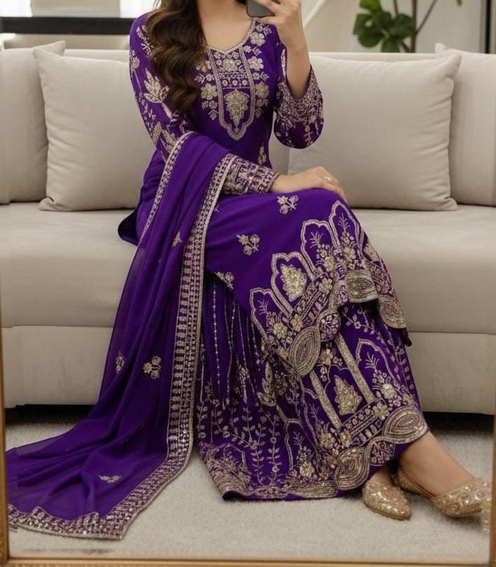 Royal Purple Embroidered Sharara Suit Set with Dupatta