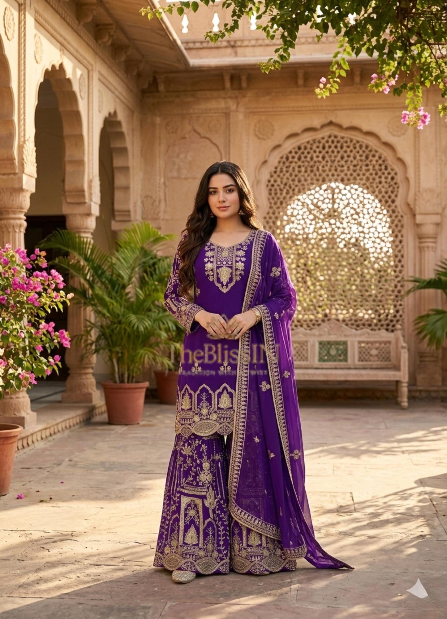 Royal Purple Embroidered Sharara Suit Set with Dupatta