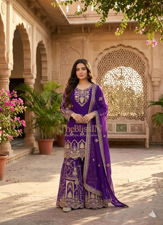 Royal Purple Embroidered Sharara Suit Set with Dupatta