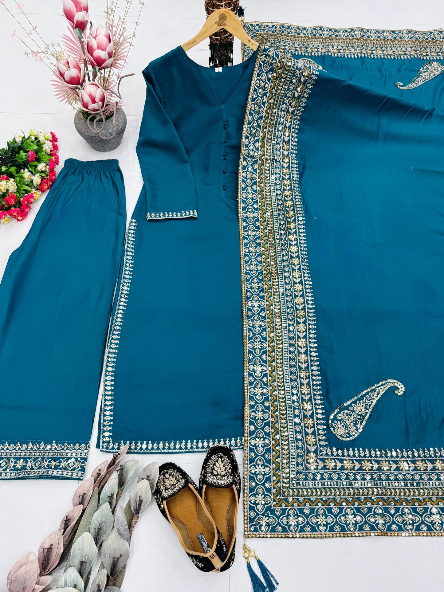 Blue Roman Silk Embroidered 3 Piece Suit Set for Eid with Fancy Dupatta
