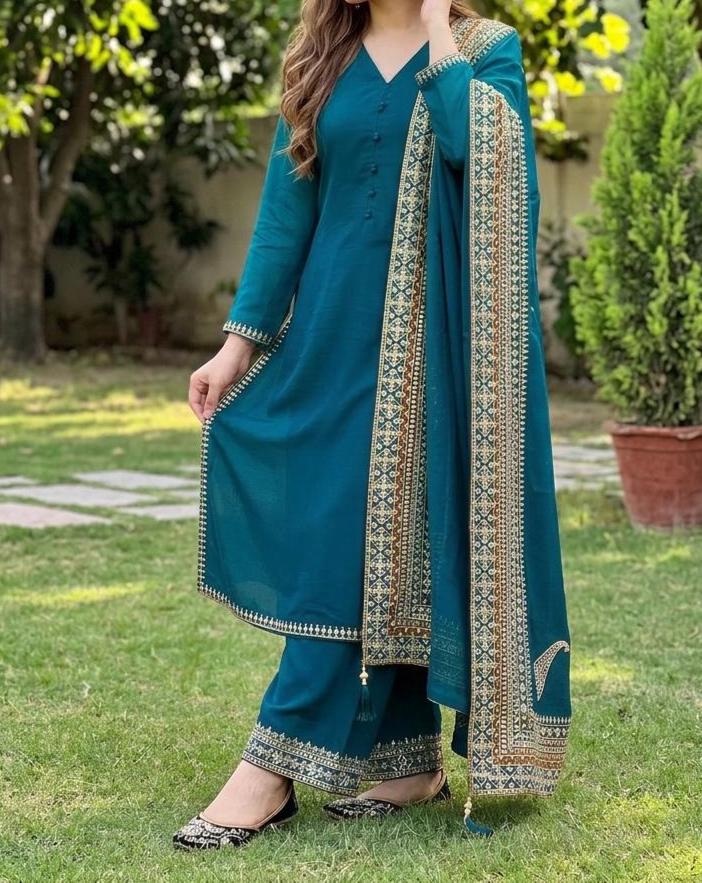 Blue Roman Silk Embroidered 3 Piece Suit Set for Eid with Fancy Dupatta