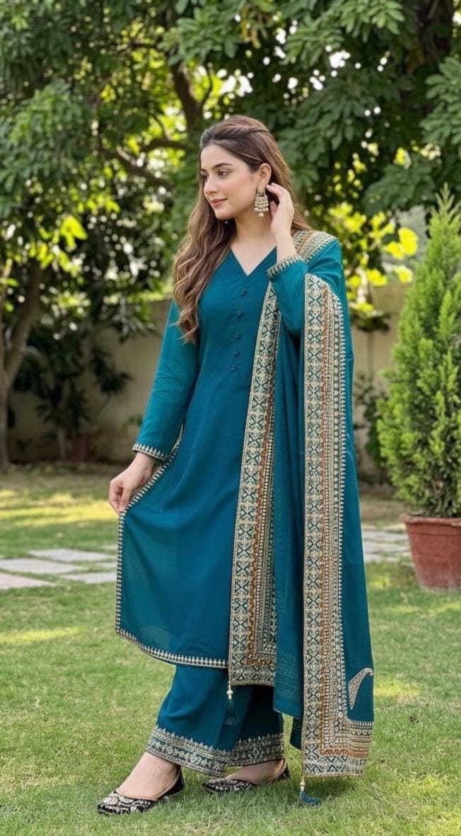 Blue Roman Silk Embroidered 3 Piece Suit Set for Eid with Fancy Dupatta