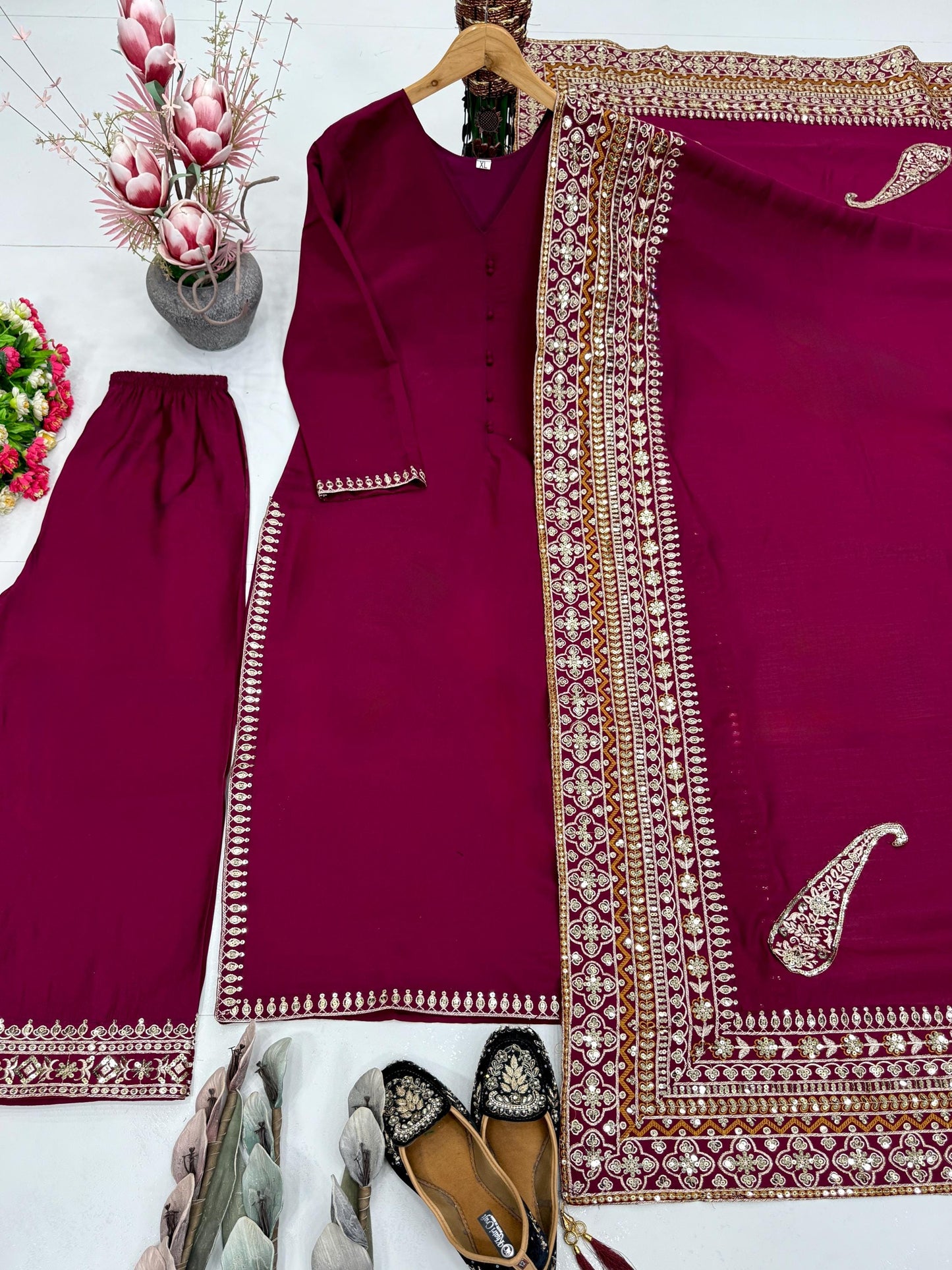 Dark Pink Roman Silk Embroidered 3 Piece Suit Set for Eid with Fancy Dupatta