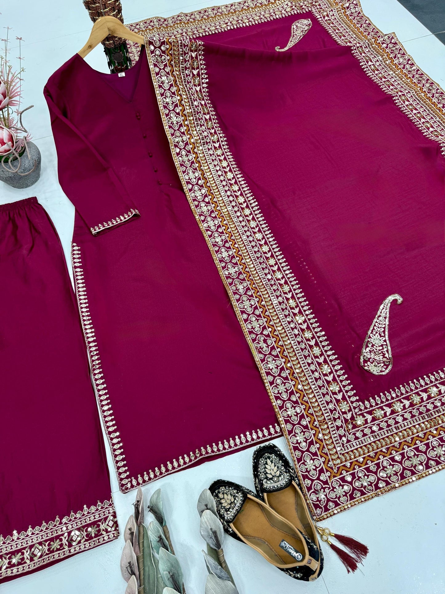 Dark Pink Roman Silk Embroidered 3 Piece Suit Set for Eid with Fancy Dupatta